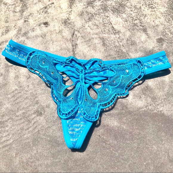 butterfly sparkly embroidered cute blue thong - Picture 2 of 4